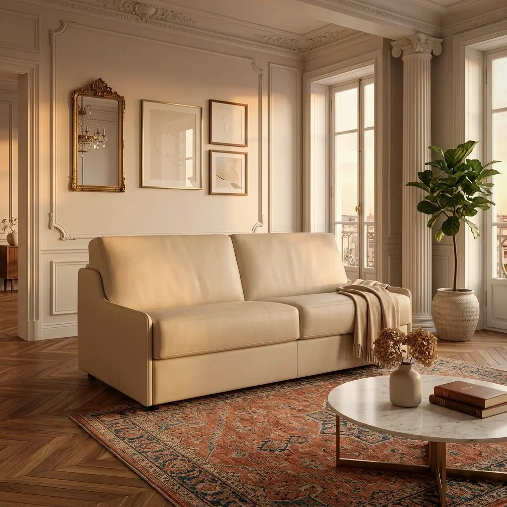 Canapé convertible en cuir crème dans un salon haussmannien parisien